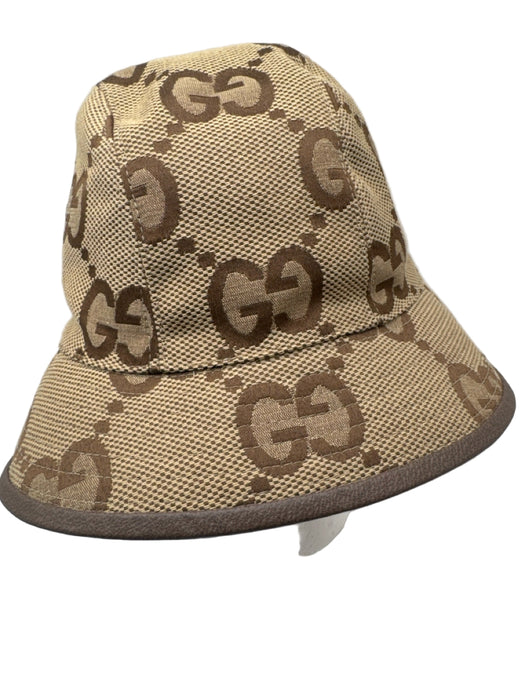Gucci Brown & Tan Cotton Blend Guccisima Leather Trim Bucket Hat