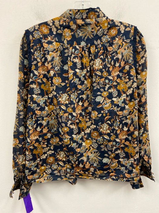 Wrap London Size 6 navy, orange, white Cotton Long Sleeve Buttons pleats Top