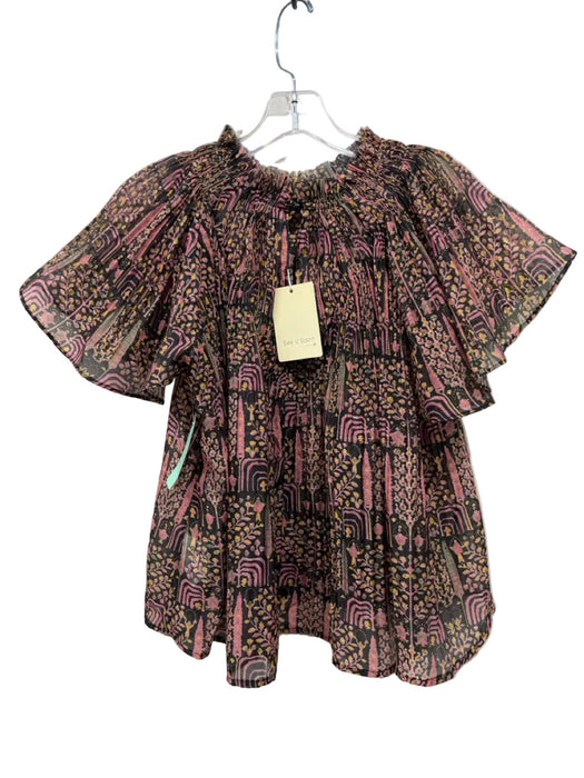 See U Soon Size XS Black, Pink & Multi Viscose & Polyamide Abstract Print Top