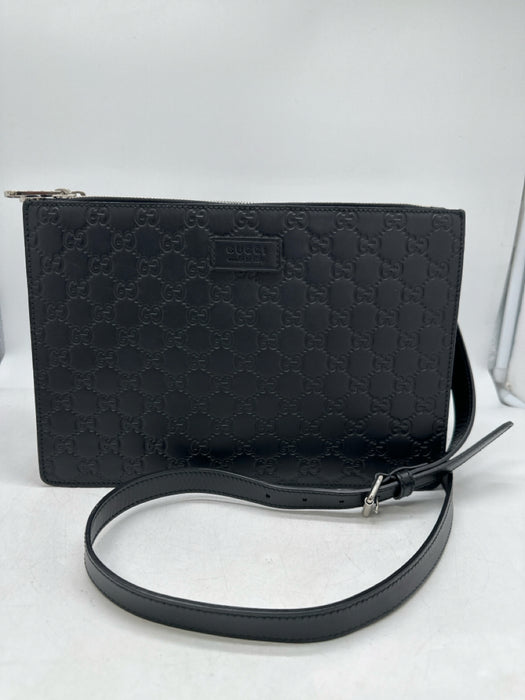 Gucci Black Leather Guccissima embossed Zip Top Messenger Bag