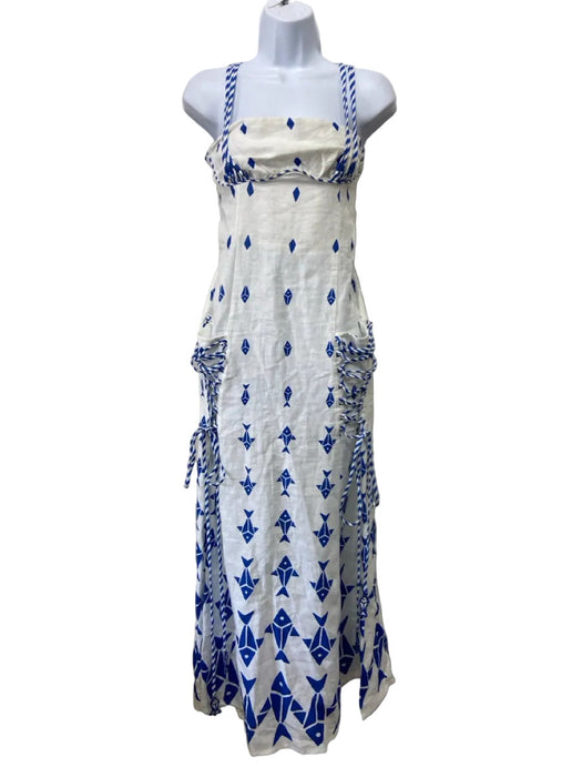 Farm Rio Size L White & Blue Linen Fish print Lace Up Detail Sleeveless Dress
