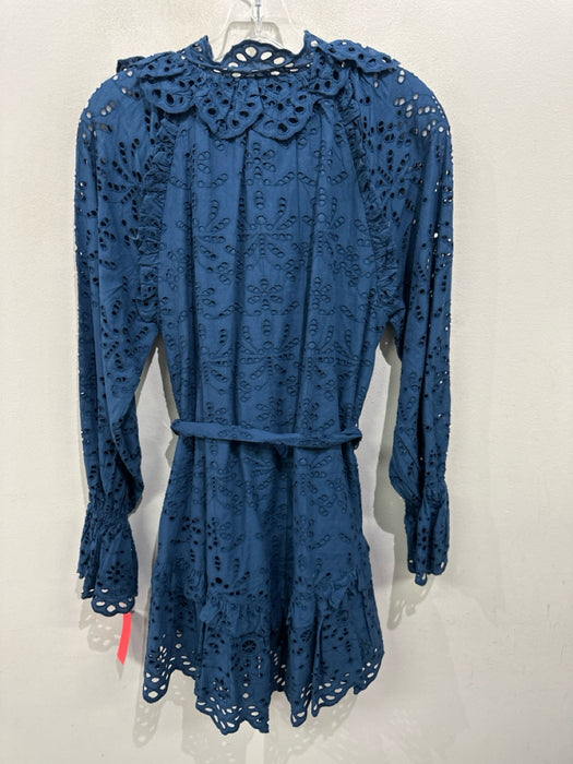 Cleobella Size Medium Teal Blue Cotton Long Sleeve Eyelet Quarter Button Dress