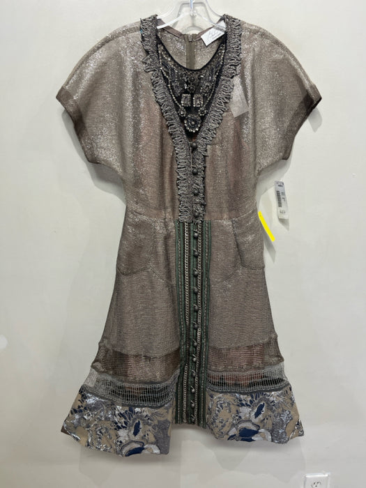 Byron Lars Size 6 Taupe, Navy & Green Polyester Blend Short Sleeve Dress