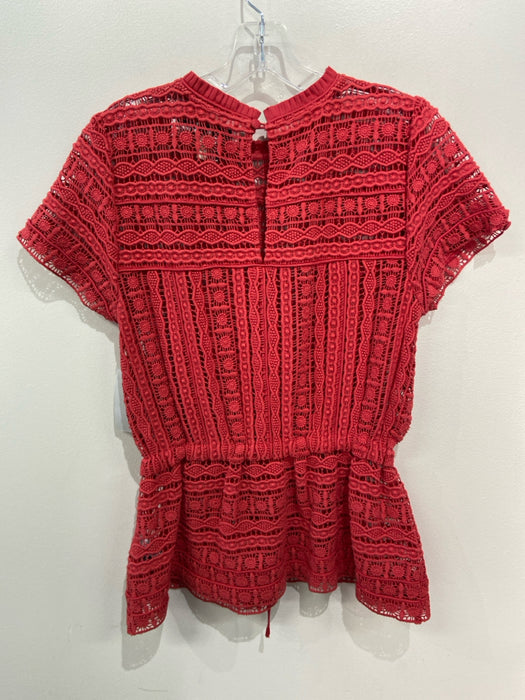 Carolina K Size S Red Cotton Cap Sleeve Drawstring Waist Peplum Embroidered Top