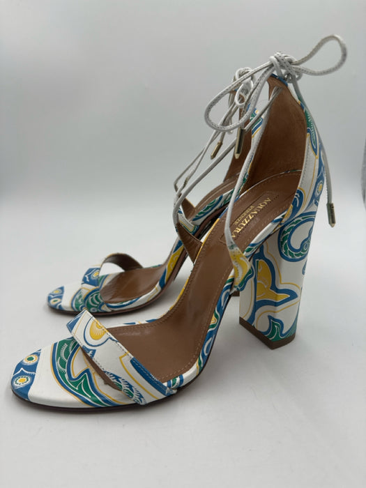 Aquazzura Shoe Size 37 White Blue & Yellow Leather open toe Paisley Pumps