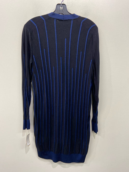 St. John Size L Blue & Black Viscose & Polyamide Button Front Striped Sweater