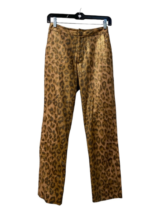 L'agence Size 00 Brown & Gold Linen Blend Animal Print zip fly Side Pocket Pants Brown & Gold / 00