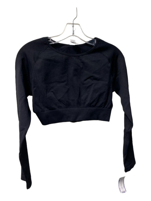 Figured Size XS Black Nylon Long Sleeve Cropped Back Cut Out Round Neck Top Black / XS