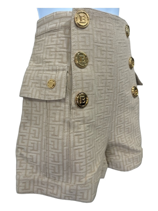 Balmain Size 36/Small Beige Print Cotton Blend Monogram Gold Buttons Shorts Beige Print / 36/Small