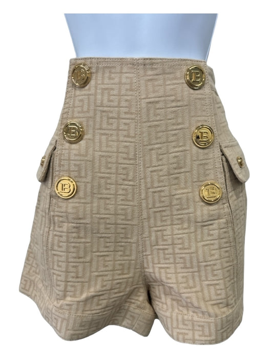 Balmain Size 36/Small Beige Print Cotton Blend Monogram Gold Buttons Shorts Beige Print / 36/Small