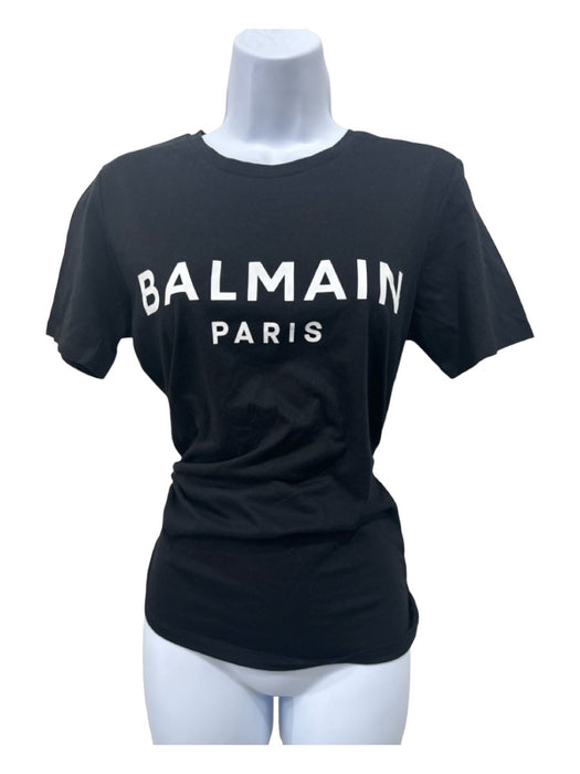 Balmain Size Small Black Cotton Blend Short Sleeve Gold Button Detail Logo Top Black / Small