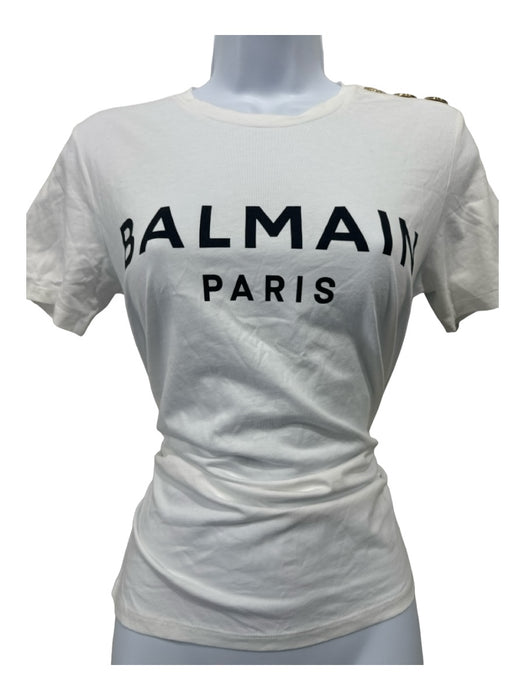 Balmain Size XXS White Cotton Blend Loop Short Sleeve Gold Buttons T-shirt Top White / XXS