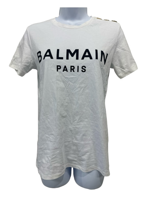 Balmain Size XXS White Cotton Blend Loop Short Sleeve Gold Buttons T-shirt Top White / XXS