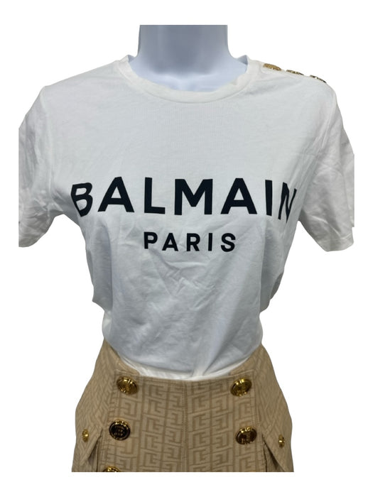 Balmain Size XXS White Cotton Blend Loop Short Sleeve Gold Buttons T-shirt Top White / XXS