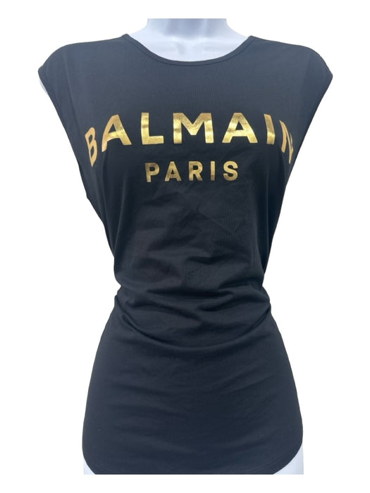 Balmain Size S Black Cotton Blend Logo Gold Buttons Sleeveless T-shirt Top Black / S