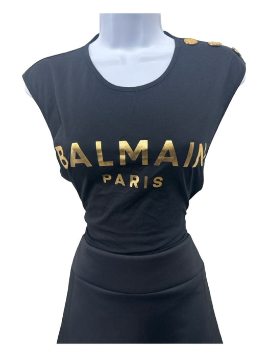 Balmain Size S Black Cotton Blend Logo Gold Buttons Sleeveless T-shirt Top Black / S