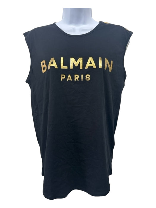 Balmain Size S Black Cotton Blend Logo Gold Buttons Sleeveless T-shirt Top Black / S