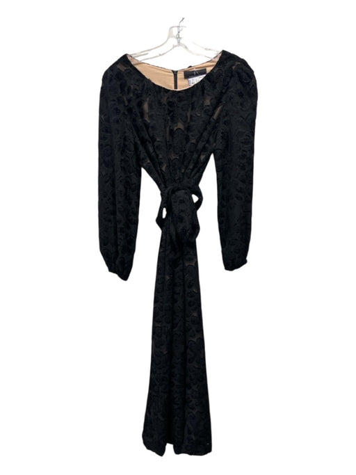 Abbey Glass Size L Black Polyester Textured Long Sleeve Floral Cropped Jumpsuit Black / L