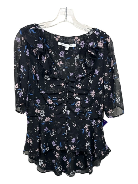 Veronica Beard Size 10 Black, Pink, Blue Silk Floral Front Gather Button Top Black, Pink, Blue / 10