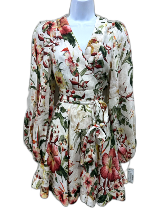 Zimmermann Size S / 1 Cream, Red, Green Linen Floral Wrap Knee length Dress Cream, Red, Green / S / 1