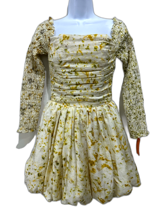 Clio Peppiatt Size S Yellow & White Mulberry Silk Smocked Bubble Hem Mini Dress Yellow & White / S