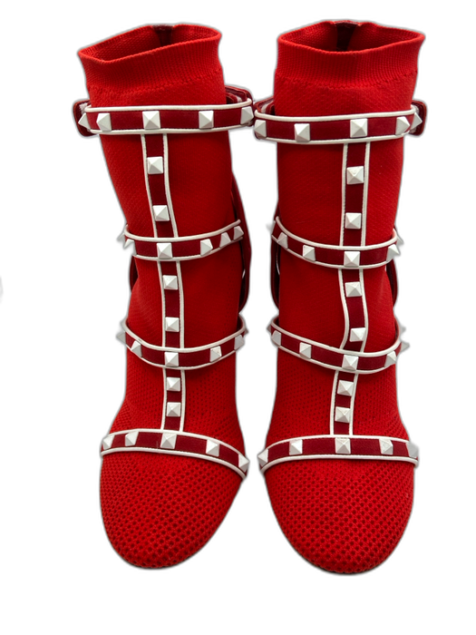 Valentino Garavani Shoe Size 40 Red & White Synthetic Knit Rockstud Booties Red & White / 40