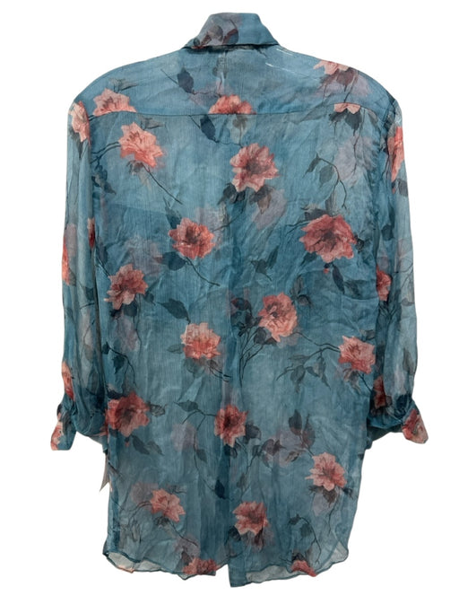 R13 Size S/M Blue Pink & Brown Silk Blend Sheer Floral Button Down Top Blue Pink & Brown / S/M