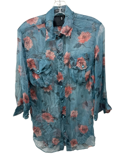 R13 Size S/M Blue Pink & Brown Silk Blend Sheer Floral Button Down Top Blue Pink & Brown / S/M