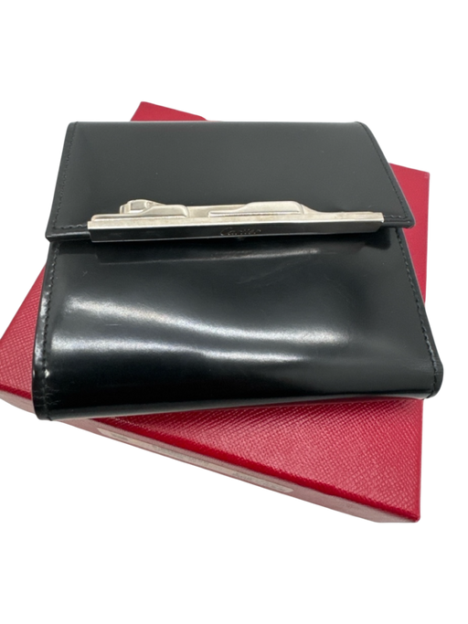 Cartier Black Leather Silver Hardware Panther Bi-Fold Card Holder Wallets Black