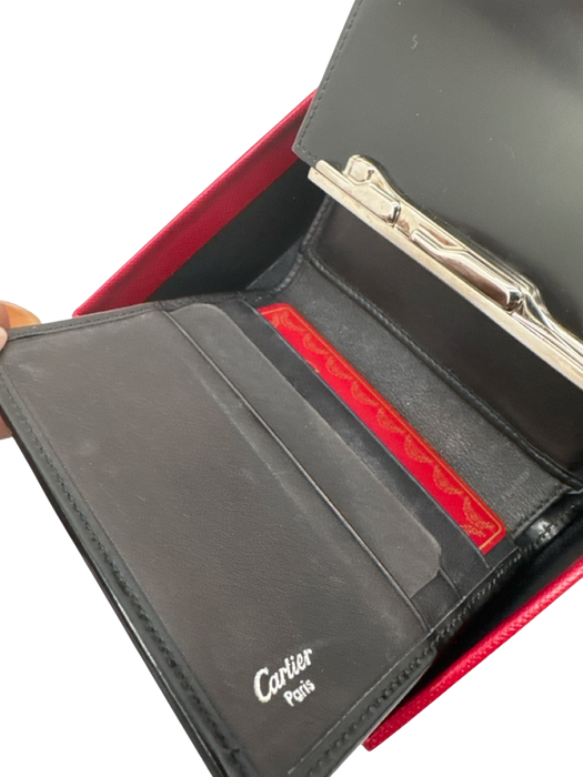 Cartier Black Leather Silver Hardware Panther Bi-Fold Card Holder Wallets Black