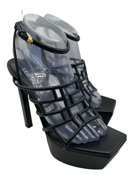 Versace Shoe Size 38.5 Black Leather Ankle Buckle Caged Platform Sandals Black / 38.5