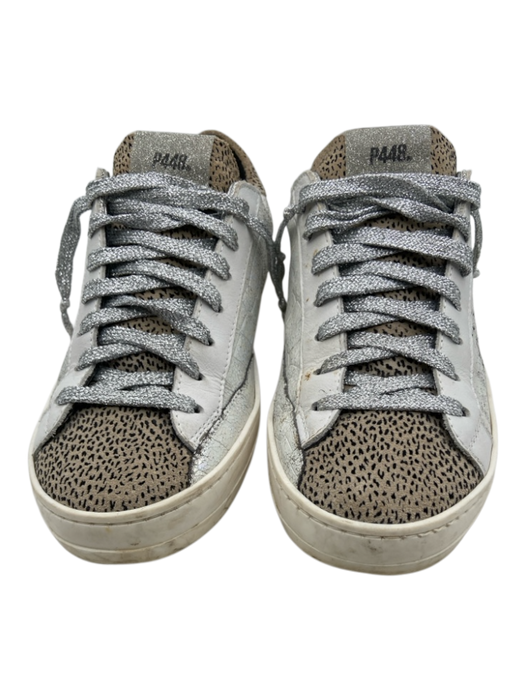 P448 Shoe Size 37 White & Silver Leather Low Top Croc Embossed Lapel Sneakers White & Silver / 37