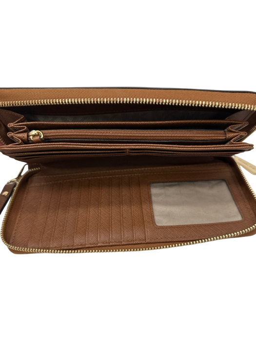Michael Kors Brown Leather Saffiano Zip Close Wrist Strap Card Holder Wallets Brown