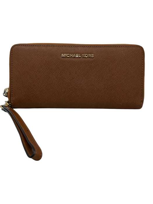 Michael Kors Brown Leather Saffiano Zip Close Wrist Strap Card Holder Wallets Brown