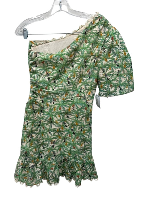 Farm Rio Size XS Green & Beige Cotton Blend Eyelet Floral One Shoulder Dress Green & Beige / XS
