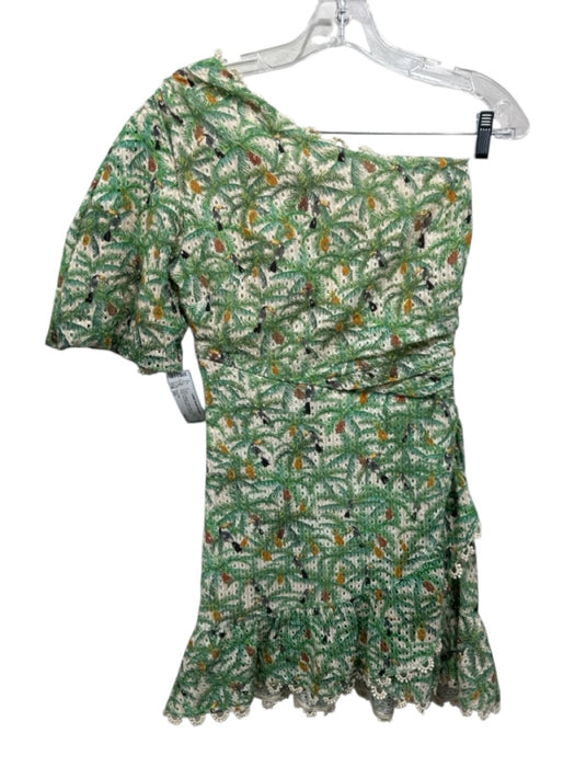 Farm Rio Size XS Green & Beige Cotton Blend Eyelet Floral One Shoulder Dress Green & Beige / XS