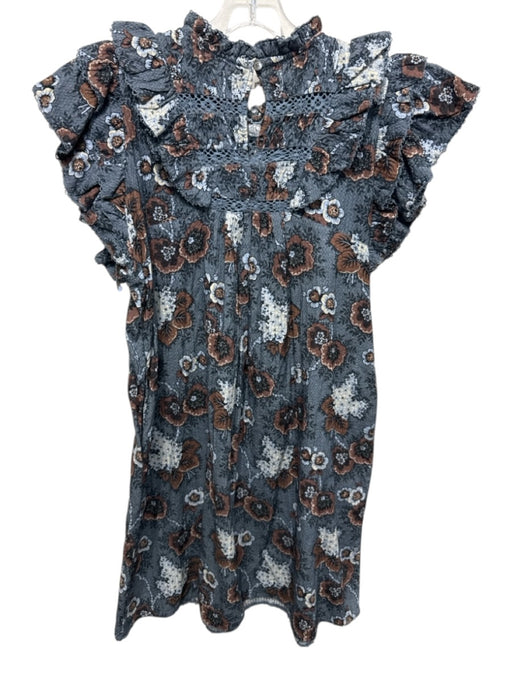 Sea New York Size Small Navy & Brown Print Cotton Short Ruffle Sleeve Dress Navy & Brown Print / Small