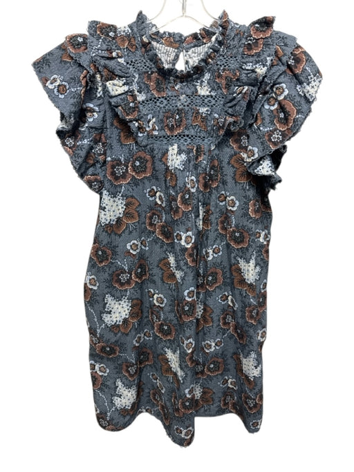 Sea New York Size Small Navy & Brown Print Cotton Short Ruffle Sleeve Dress Navy & Brown Print / Small