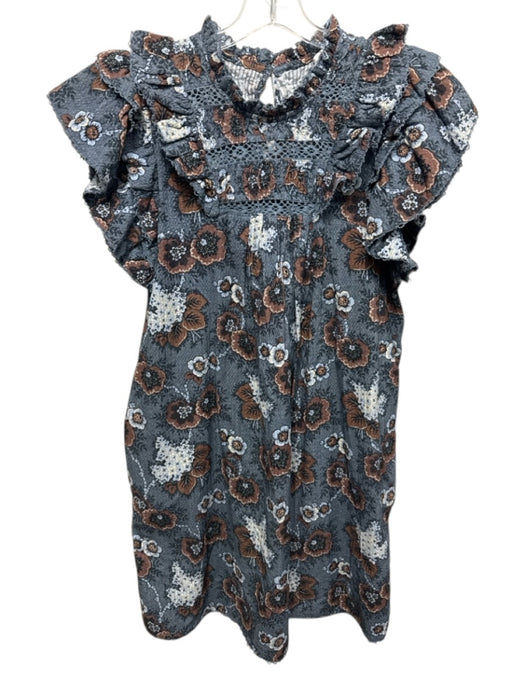 Sea New York Size Small Navy & Brown Print Cotton Short Ruffle Sleeve Dress Navy & Brown Print / Small