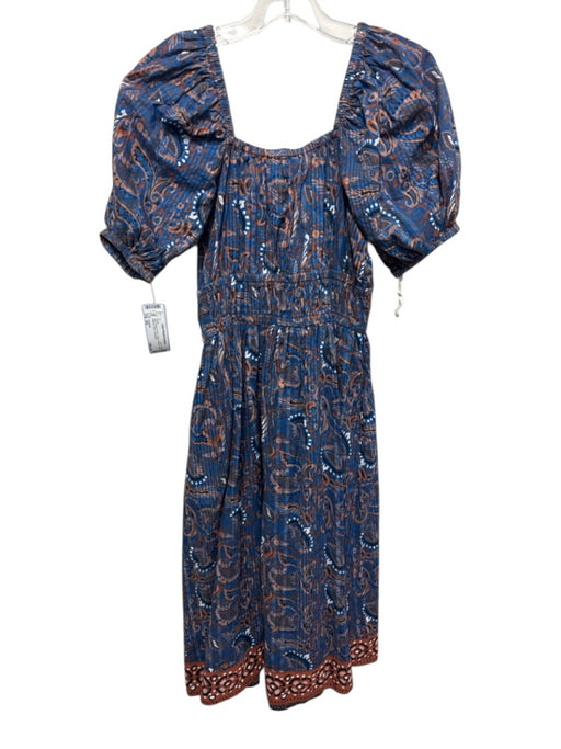 Cleobella Size XS Blue & Brown Print Cotton Paisley Short Balloon Sleeve Dress Blue & Brown Print / XS