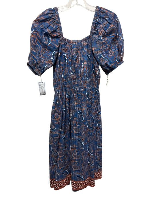 Cleobella Size XS Blue & Brown Print Cotton Paisley Short Balloon Sleeve Dress Blue & Brown Print / XS