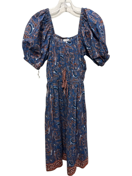 Cleobella Size XS Blue & Brown Print Cotton Paisley Short Balloon Sleeve Dress Blue & Brown Print / XS