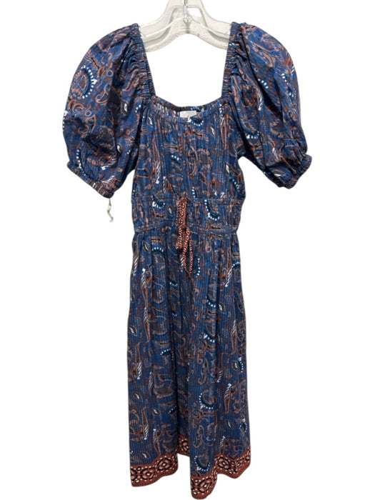 Cleobella Size XS Blue & Brown Print Cotton Paisley Short Balloon Sleeve Dress Blue & Brown Print / XS