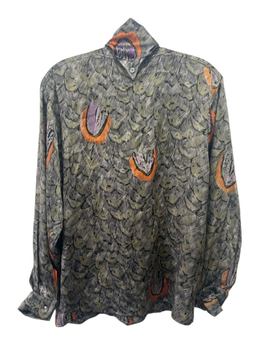 Escada Size 36 Green, orange & Black Silk Long Sleeve Feather Print Neck Tie Top Green, orange & Black / 36