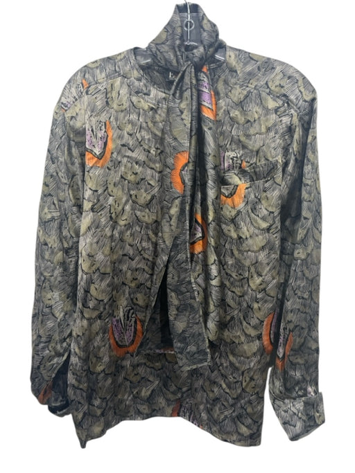 Escada Size 36 Green, orange & Black Silk Long Sleeve Feather Print Neck Tie Top Green, orange & Black / 36