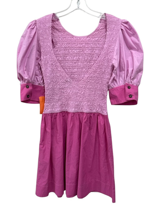 Ganni Size 38 Pink Cotton Color Block Short Sleeve Dress Pink / 38