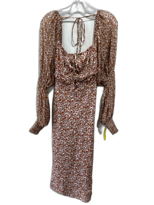Free People Size Small Cream, Orange, Brown Floral Long Sleeve Midi Dress Cream, Orange, Brown / Small