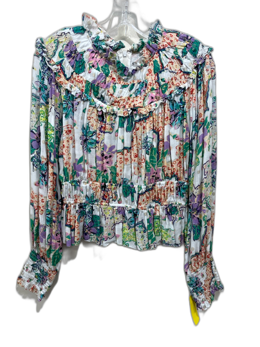 Love The Label Size L White, Green, Purple Cotton Blend Floral Long Sleeve Top White, Green, Purple / L