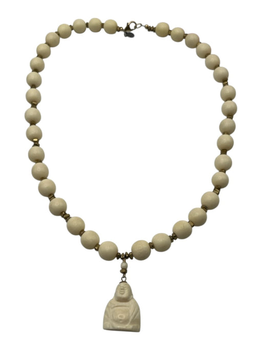 Whitney Beads White & Brass Wood Beads Stone Buddha Lobster Clasp Necklace White & Brass