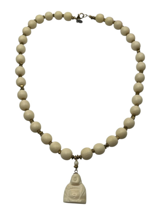 Whitney Beads White & Brass Wood Beads Stone Buddha Lobster Clasp Necklace White & Brass
